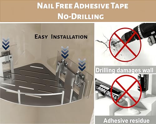 Corner Shower Caddy, Stainless Steel 304, Integrated Molding Bathroom Shelves, Wall Mounted Shower Organizer with Nail Free Adhesive, Suit for Corner Storage Racks in Bath Kitchen(2 Pack)