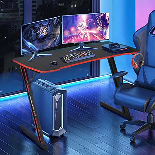 47 inch Gaming Z-Shaped Computer Desk PC Computer Table Home Office Desk Ergonomic Gamer Workstation with Headphone Hook, Red - color: Red, size: 47 Inch