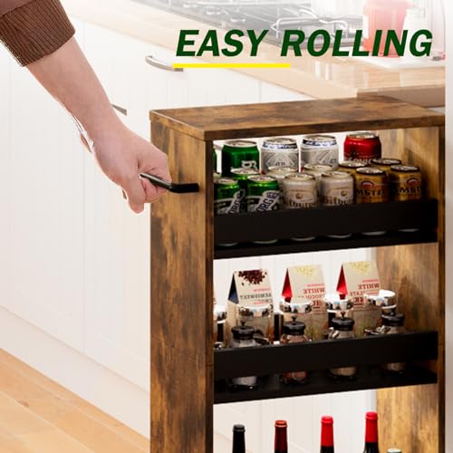 TEAMIX Slim Rolling Storage Cart, Wood 4-Tier Narrow Kitchen/Laundry Cart | 7.9"W Thin Cabinet with Wheels and Handle, Use as Spice Rack Next to Fridge, Laundry Room Organization Between Washer & Dryer - color: Brown+black, size: 7-7/8'' W