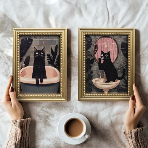 Gatheroad Gold Framed Vintage Canvas Wall Art Prints, Black Cat Bathroom Wall Art, Retro Funny Animal Decor for Living Room Bedroom Office Bathroom, 8x10 Inch - color: Dark Sink-Cat, size: 8X10inch