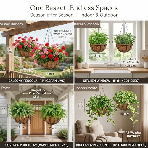 Kingbuy 10 Inch Hanging Planter Basket with Coconut Liner Wire Plant Holder Chain Flower Baskets Pot Hanger Home Garden Decoration for Indoor Outdoor, 2 Pack - size: 10 Inch, style: 2 Pack