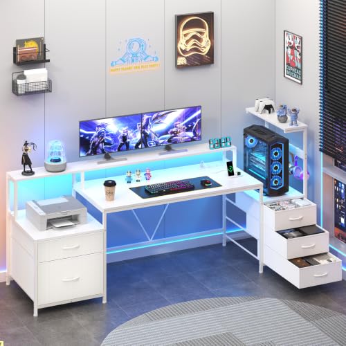 63" Computer Desk with Drawers, Storage Shelves and Printer Stand | White Gaming Desk with Monitor Stand and LED Lights, Reversible Home Office Desk with Printer Shelf - color: White