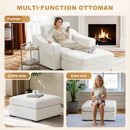 47" Oversized Single Sofa with Ottoman, Upholstered Chaise Lounge Comfy Sleeper Chair with Soild Wood Frame, Deep Seat Sofa Couch for Living Room Bedroom Apartment, Linen, White - color: White, size: 51 Inch - Single Sofa + Ottoman