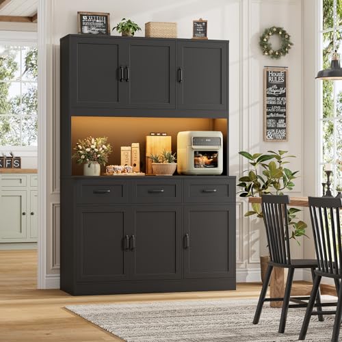 HOSTACK Kitchen Pantry Storage Cabinet, Tall Kitchen Hutch Cabinet, Black | 47"W Food Pantry Cabinet with Smart LED / Charging Station / Countertop / 3 Large Drawers, 72"H Storage Hutch, Dining Room - color: Black