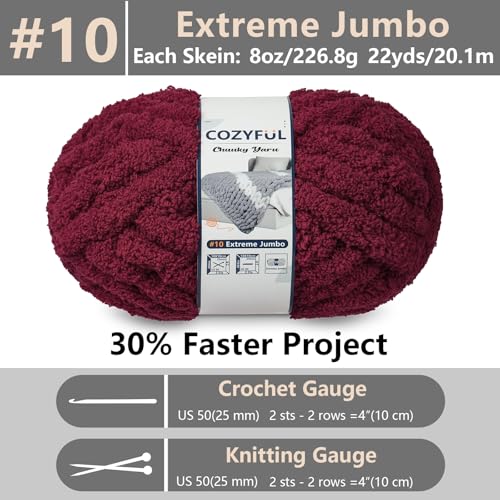 Cozyful Chunky Yarn for Hand Knitting - #10 Chunky Chenille Yarn, Jumbo Big Thick Chunky Yarns for Crocheting, Super Bulky Chunky Knit Blanket Yarns, 8 Skein (22 yds 8 oz Each Skein), Burgundy - color: Burgundy