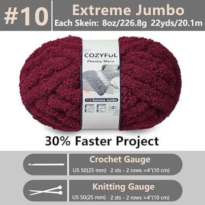 Cozyful Chunky Yarn for Hand Knitting - #10 Chunky Chenille Yarn, Jumbo Big Thick Chunky Yarns for Crocheting, Super Bulky Chunky Knit Blanket Yarns, 8 Skein (22 yds 8 oz Each Skein), Burgundy - color: Burgundy