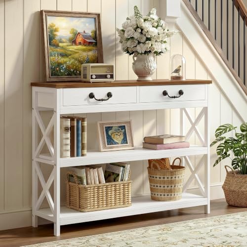 IRONCK 39.4" Farmhouse Console Table with Storage, White/Walnut | Narrow Entryway Table with 2 Drawers & 2 Shelves, Industrial Wood Sofa Table for Living Room/Hallway - size: 39.4inch
