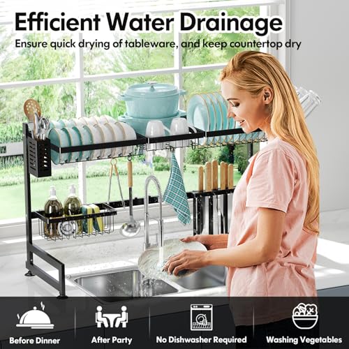 2 Tier Extra Large Stainless Steel Over The Sink Dish Drying Rack | Rust Proof Metal, Expandable Kitchen Sink Drainer, Counter Space Saving, Heavy Duty, Modern Black, Multifunctional Storage - color: Black, size: Over Sink 2 Tier
