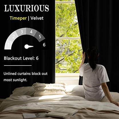 Timeper Black Velvet Curtains 90 inches 2 Panels,Blackout Curtains for Bedroom Living Room Thermal Insulated Luxury Super Soft Window Drapes,Back Tab & Rod Pocket,W52 x L90 inches - color: Black, size: 52"W x 90"L (Pack of 2)