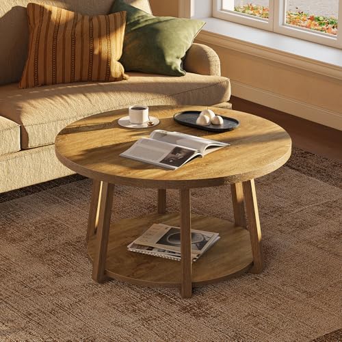LITTLE TREE Round Coffee Table, 2-Tier Center Table with Storage | Wooden Legs, 31.5 Dia. x 19.6 H Inches, Easy Assembly, Circle Coffee Tables for Living Room, Bedroom - color: Oak