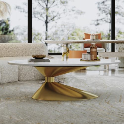 49.2" Oval Marble Coffee Table with Gold Stainless Steel Base, Luxury Sintered Stone Top Center Cocktail Tea Tables for Living Room,Easy Assembly - color: Style 4: Gold Base