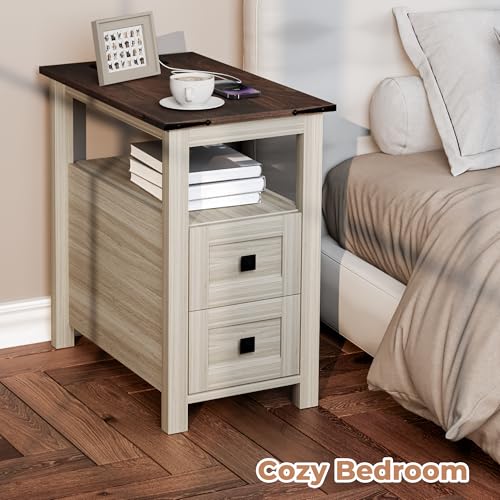 VVFLU Farmhouse End Table with Charging Station and 2 Drawers,Grey Wood Nightstand Narrow, Skinny Side Table Rustic, Slim Bedside Table, Open Shelf, Small for Bedroom, Living Room, Sofa - color: Grey/Wood