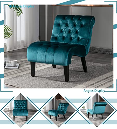 Comfy Velvet Accent Chair Set of 2, Tufted Armless Chair with Rolled Edge | Modern Small Lounger for Living Room, Upholstered Reading Chaise Lounge with Solid Rubber Wood Legs, Teal - color: Teal, size: Set of 2