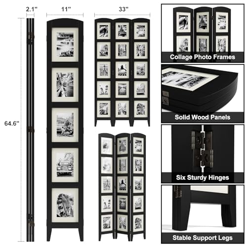 SZQINJI 3 Panel Photo Room Divider Screen, Black | Divider for Room Separation, for 8x10 Picture Frame Without Mat, for 5x7 Photo With Mat, Foldable, Mother Day's Gift - color: Black