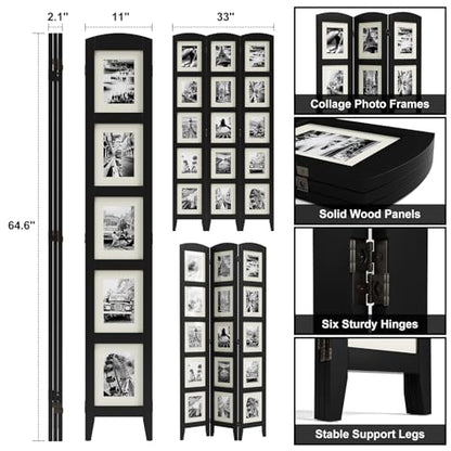 SZQINJI 3 Panel Photo Room Divider Screen, Black | Divider for Room Separation, for 8x10 Picture Frame Without Mat, for 5x7 Photo With Mat, Foldable, Mother Day's Gift - color: Black