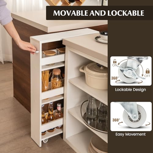 Slim Storage Cart, 4-Tier Rolling Cart with Handle & Wooden Top for Kitchen Bathroom Laundry Living Room Narrow Small Spaces, 5 Inches Width (Plain White) - color: Plain White