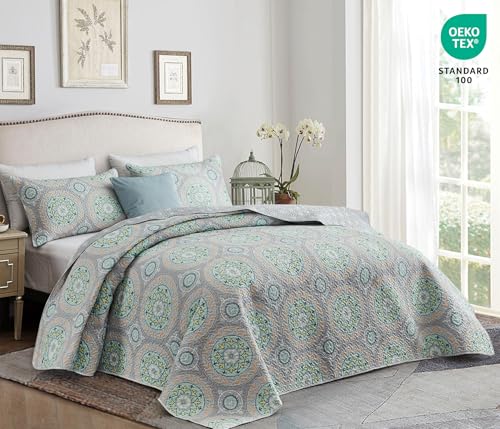 CHIXIN Boho Quilt Queen Size - Bohemian Chic Medallion Design - Lightweight Bedspread Coverlet Set, Ultrasonic Quilting Mandala Bedding Cover for All Season, 3 Piece, Aqua Blue - color: Skyblue/Wheat/White, size: Full/Queen(90"x92")