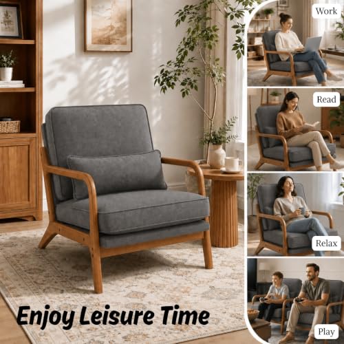 Karl home Mid-Century Modern Accent Reading Chair, Grey | Linen Upholstered, Solid Wood Frame, Soft Cushion, Lumbar Pillow, Lounge Armchair for Living Room, Bedroom, Balcony, Study - color: Linen Gray