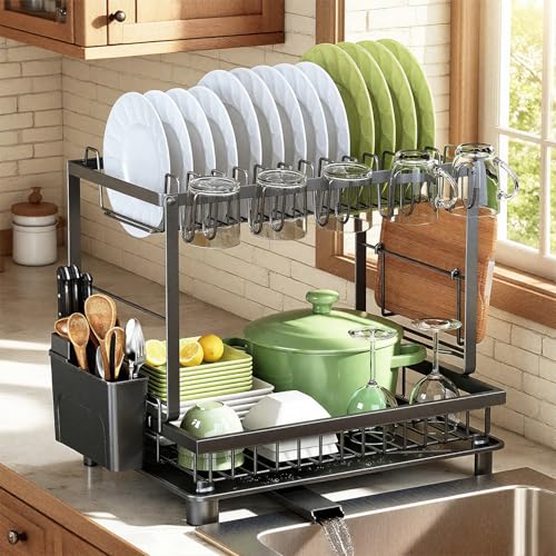 Dish Drying Rack, 2 Tier Space-Saving Dish Rack, Multifunctional Dish Drainer for Kitchen Counter with Drainboard/Utensil/Cup Holder Rustproof Carbon Steel, Black - color: Black