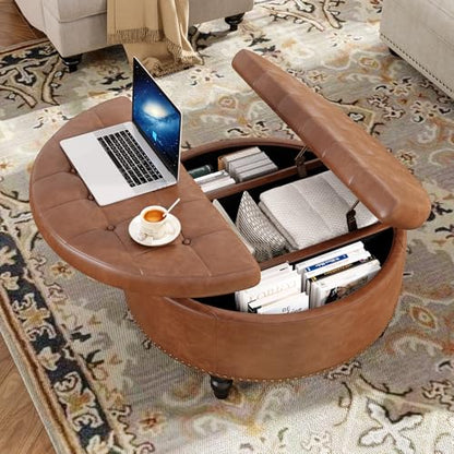 FiveWillowise 30 Inch Large Round Ottoman with Storage Circular,Brown | Leather Coffee Table with Lift Top,Modern Upholstered Button Tufted Footrest Stool Solid Wood Legs for Living Room,Bedroom - color: Brown