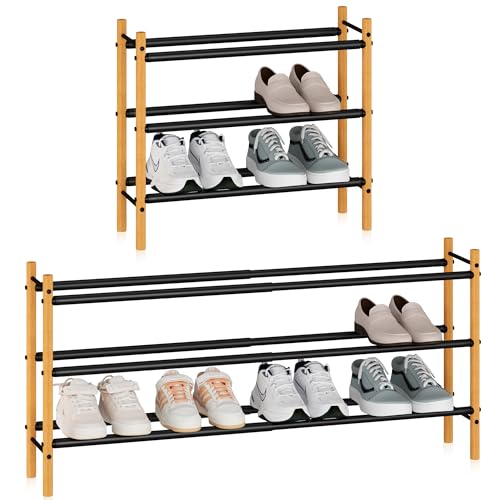Storage MANIAC Expandable Shoe Rack, 12 Pairs Stackable Small Shoe Rack, Metal Adjustable Shoes Organizer for Closet, Entryway, Hallway, Garage, Front Door, Shoes Shelves, Bamboo 3 Tier - size: 3 Tier