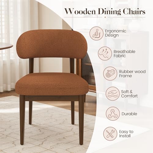 Wooden Dining Room Chairs Set of 2, Modern Upholstered Teddy Fabric Kitchen Chairs with Ergonomic Curved Back, Farmhouse Dining Side Chair with Solid Wood Frame for Kitchen Room, Brown - color: Brown