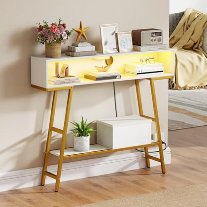 GIANTEX Modern Console Table with Charging Station & LED Lights | 40" Entryway Table with Storage Shelves, 3-Tier Display Shelf for Small Space, Sofa Table for Living Room, White & Gold - color: White + Gold
