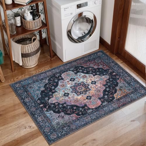 Tangsoo Vintage 2x3 Washable Rugs for Entryway, Non Slip Small Rug Blue | Oriental Indoor Front Door Rug, Boho Soft Low Pile Door Mat Small Carpet Throw Rugs for Entry Entrance Kitchen Bedroom Decor - color: Navy/Multi, size: 2' X 3' (Rectangular)
