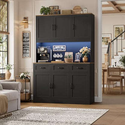 HOSTACK Kitchen Pantry Cabinet, Tall Kitchen Hutch Cabinet, Black/Brown | 47"W Food Pantry Cabinet with Smart LED / Charging Station / Countertop / 3 Large Drawers, 72"H Storage Hutch for Dining Room - color: Black/Rustic Brown