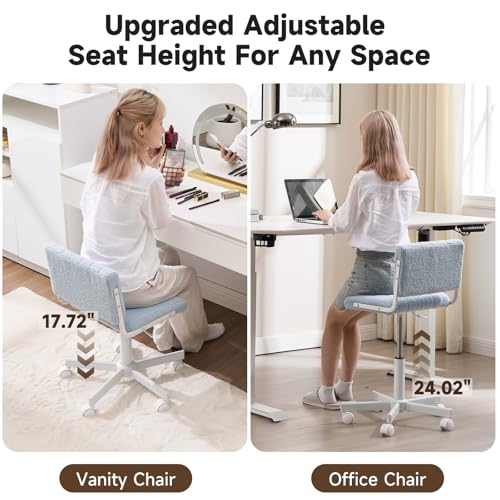 Office Chair Vanity Chair with Wheels | Comfy Desk Chair with Back | Cute Teddy Armless Adjustable Swivel Chair | Small Vanity Stool | for Bedroom Home Computer Task | Light Blue - color: Light Blue