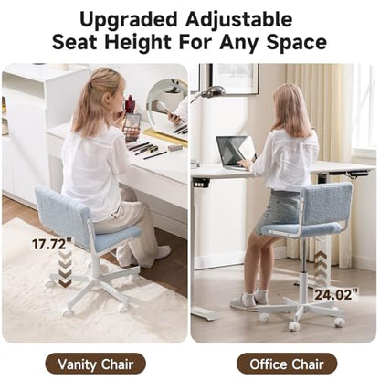 Office Chair Vanity Chair with Wheels | Comfy Desk Chair with Back | Cute Teddy Armless Adjustable Swivel Chair | Small Vanity Stool | for Bedroom Home Computer Task | Light Blue - color: Light Blue