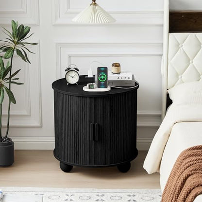 24" Round End Table with Charging Station, Fluted Side Table, Black | Farmhouse Sofa Side Tables Living Room, Mid-Century Wood Nightstand with Sliding Tambour Door & Storage, Round End Table - color: Black