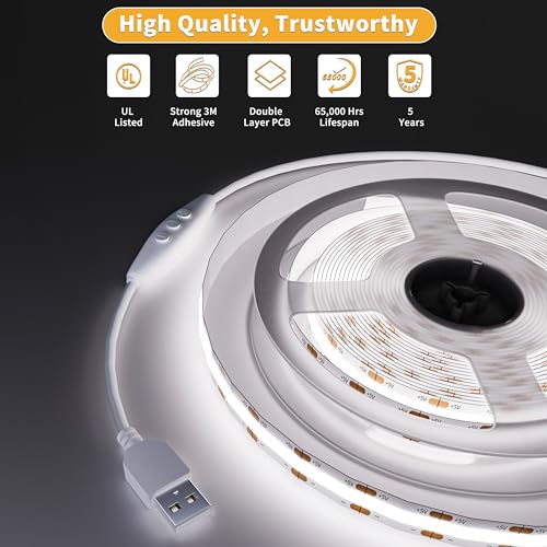 PAUTIX 5V USB COB LED Strip Light 6.56ft/2m 1200lm, Dimmable 640LEDs 6000K Daylight White CRI90+ with RF Remote TV Backlight,Flexible Under Cabinet Tape Light for Bedroom,Kitchen,Home DIY Lighting - color: 6000K