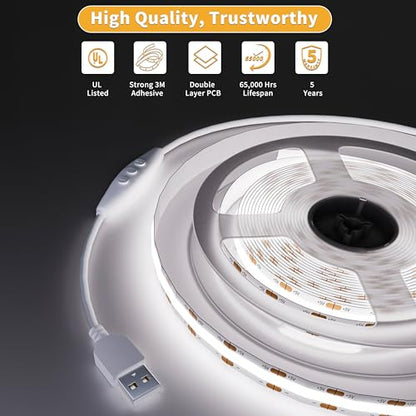 PAUTIX 5V USB COB LED Strip Light 6.56ft/2m 1200lm, Dimmable 640LEDs 6000K Daylight White CRI90+ with RF Remote TV Backlight,Flexible Under Cabinet Tape Light for Bedroom,Kitchen,Home DIY Lighting - color: 6000K