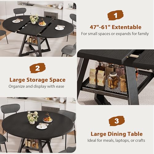 Extendable Dining Table for 4-8, Round Extendable Dining Room Table with Removable Leaf & Storage Shelf, Expandable Oval Kitchen Table with Pedestal Base, Modern Industrial Space Saving (Black) - color: Black