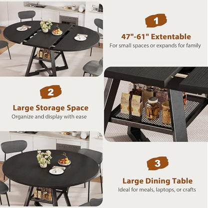 Extendable Dining Table for 4-8, Round Extendable Dining Room Table with Removable Leaf & Storage Shelf, Expandable Oval Kitchen Table with Pedestal Base, Modern Industrial Space Saving (Black) - color: Black