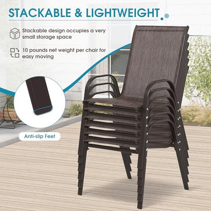24.4" Wide Outdoor Stackable Chairs Set of 6 | Stacking Patio Chairs with Textilene Fabric, Outside Furniture for Garden Backyard Balconie Poolside Deck, Brown - color: 6 Brown Chairs