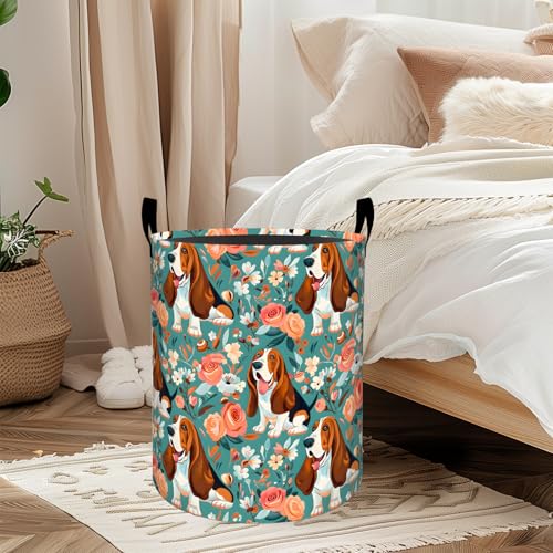 Basset Hound Dog Floral Laundry Basket, Oxford Cloth Playful Dirty Clothes Collapsible Hamper for Room Decor, Puppy and Flower Print Gifts Toy Organizer 19.7*15.7 Inch for Bedroom Bathroom Dorm - style: Basset Hound
