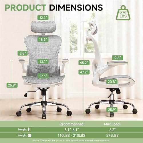 GTPLAYER Office Chair, Home Ergonomic Desk Chair with High Back Mesh, Mesh Office Computer Desk Chairs with Adjustable Lumbar Support, Rolling Work Swivel Task Chairs with 3D Armrests and Headrest - color: White