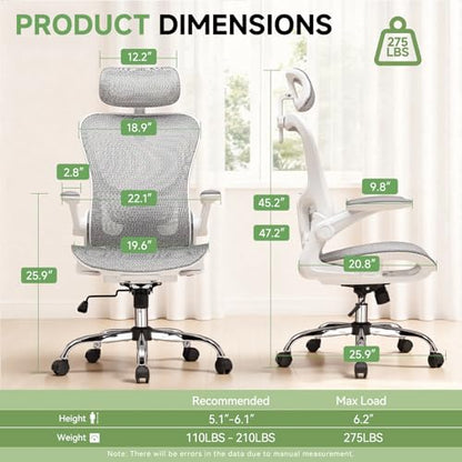 GTPLAYER Office Chair, Home Ergonomic Desk Chair with High Back Mesh, Mesh Office Computer Desk Chairs with Adjustable Lumbar Support, Rolling Work Swivel Task Chairs with 3D Armrests and Headrest - color: White