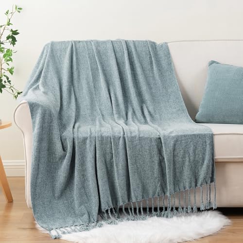 BATTILO HOME Dusty Blue Chenille Throw Blanket for Couch, Soft Cozy Textured Knit Throw Blanket with Handmade Fringe Tassels, Lightweight Decorative Farmhouse Blanket for Sofa Bed Chair, 50"x60" - color: Dusty Blue