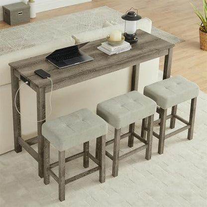 59" Industrial 4 Piece Bar Table Set with Built-in Power Outlet, Behind Couch Sofa Table with 3 Linen Upholstered Stools, Bar Table and Chairs Set for Living Room, Dining Room, Lounge, Brown - color: R2-brown