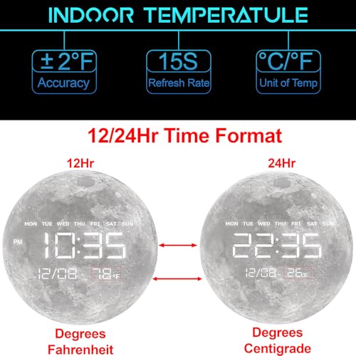 Digital Wall Clock, LED Moon/Earth Design, Temperature Display, 7.87 x 7.87 inches (Moon, 12.59 INCH) - color: Moon, size: 12.59 INCH
