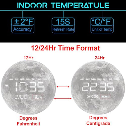 Digital Wall Clock, LED Moon/Earth Design, Temperature Display, 7.87 x 7.87 inches (Moon, 12.59 INCH) - color: Moon, size: 12.59 INCH
