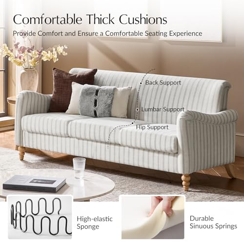 HULALA HOME Farmhouse Curved Couch with Stripe Pattern, 3 Seater Sofa, Grey | with Solid Wood Spindle Legs and Rolled Wide Armrests, Comfy Upholstered Sofa for Living Room Bedroom - color: Grey, size: 3-Seater Sofa