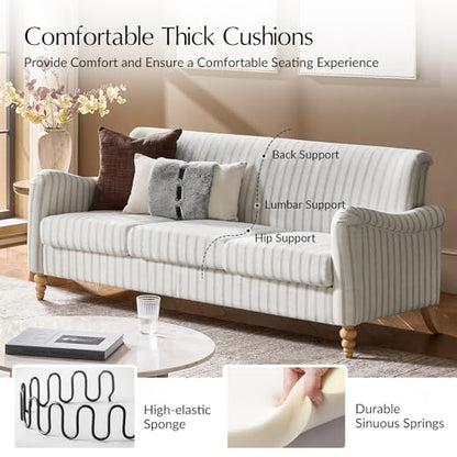 HULALA HOME Farmhouse Curved Couch with Stripe Pattern, 3 Seater Sofa, Grey | with Solid Wood Spindle Legs and Rolled Wide Armrests, Comfy Upholstered Sofa for Living Room Bedroom - color: Grey, size: 3-Seater Sofa