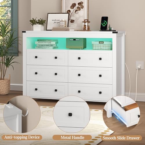 White Dresser 6 Drawer Dressers for Bedroom with LED Lights, Charging Station, Wood Chest of Drawers with Metal Handles, Modern TV Stand Storage Cabinet for Living Room, Hallway, Entryway - color: White, style: LED 6 Drawers