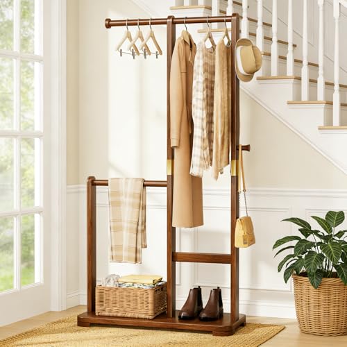 Solid Wood Coat Rack Freestanding Double Rod Clothes Rack Space Saving - color: Walnut