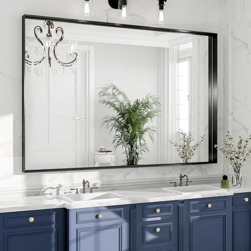 48x36 Black Bathroom Mirrors for Over Sink, Wall Mounted Bathroom Vanity Mirror, HD Distortion-Free Tempered Glass, Anti-Rust Brushed Matte Aluminum Alloy Frame, Horizontal or Vertical Hanging - size: 48"L x 36"W