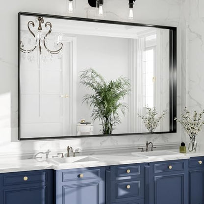 48x36 Black Bathroom Mirrors for Over Sink, Wall Mounted Bathroom Vanity Mirror, HD Distortion-Free Tempered Glass, Anti-Rust Brushed Matte Aluminum Alloy Frame, Horizontal or Vertical Hanging - size: 48"L x 36"W